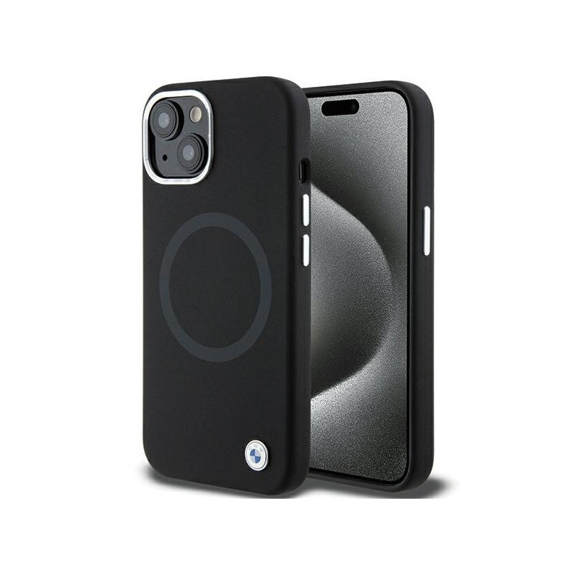 BMW Étui en silicone liquide noir pour iPhone 13/14/15 avec MagSafe