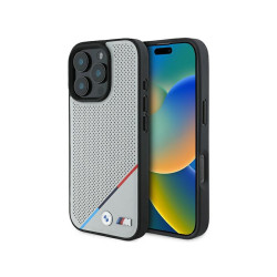 BMW Coque grise rigide M perforée tricolore MagSafe pour iPhone 16 Pro