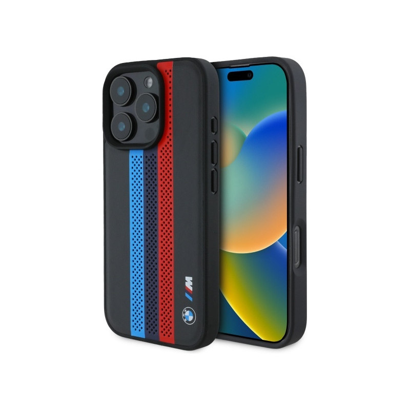 BMW Coque noire rigide M perforée tricolore MagSafe pour iPhone 16 Pro BMW Coque noire rigide M perforée tricolore MagSafe pour iPhone 16 Pro