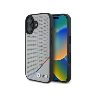 BMW Coque grise rigide M perforée ligne tricolore MagSafe pour iPhone 16