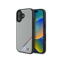 BMW Coque grise rigide M perforée ligne tricolore MagSafe pour iPhone 16