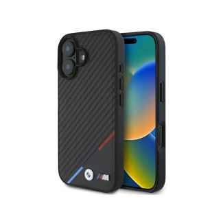 BMW Coque noire rigide carbone ligne tricolore MagSafe pour iPhone 16 Plus