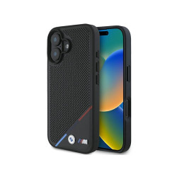 BMW Coque noire rigide M perforée tricolore MagSafe pour iPhone 16 Plus
