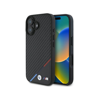 BMW Coque noire rigide M carbone ligne tricolore MagSafe pour iPhone 16