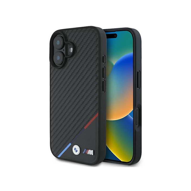 BMW Coque noire rigide M carbone ligne tricolore MagSafe pour iPhone 16 BMW Coque noire rigide M carbone ligne tricolore MagSafe pour iPhone 16