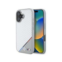 BMW Coque grise rigide M carbone ligne tricolore MagSafe pour iPhone 16