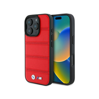 BMW Coque iPhone 16 Pro Rouge M Perforée Lignes Cousues MagSafe MPN