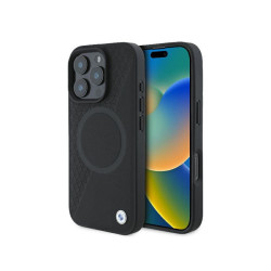 BMW Coque noire rigide cuir demi-texturé cercle MagSafe pour iPhone 16 Pro