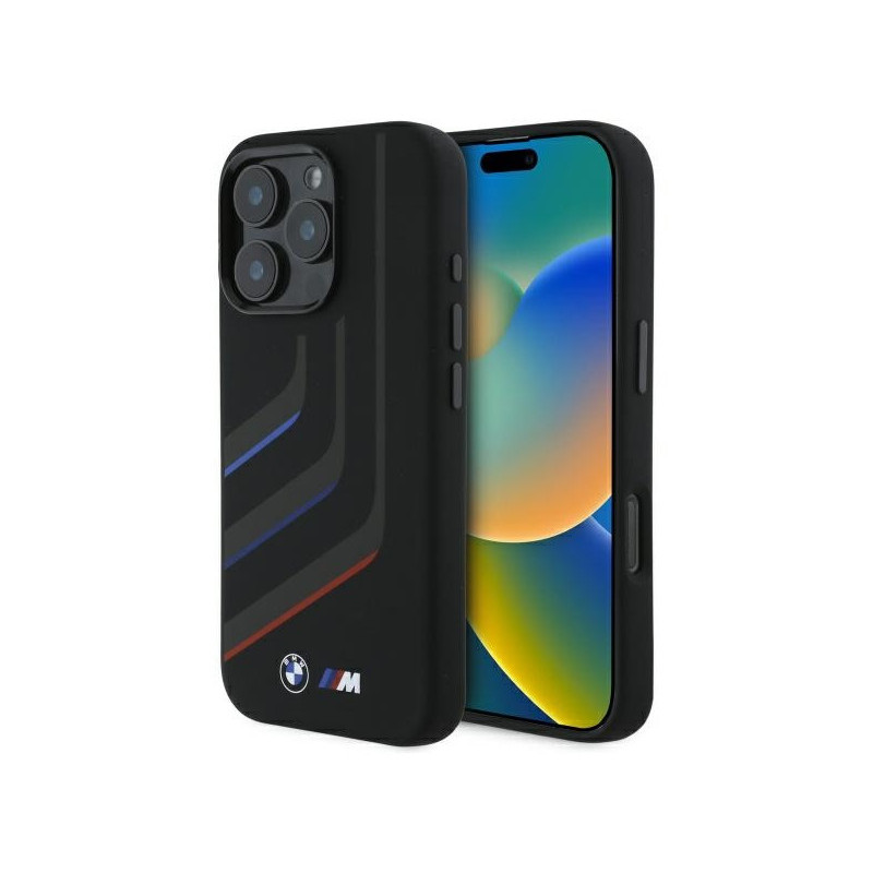 BMW iPhone 16 Pro Coque noire Silicone Lignes Courbées MagSafe BMW iPhone 16 Pro Coque noire Silicone Lignes Courbées MagSafe