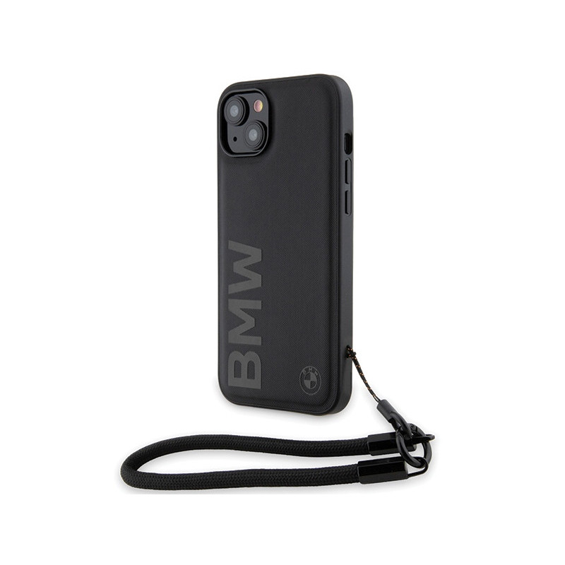 BMW Coque rigide noire en cuir avec logo pour iPhone 14 Plus/15 Plus 6.7
