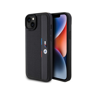 BMW Coque rigide noire Tricolore perforée pour iPhone 14 Plus/15 Plus 6.7