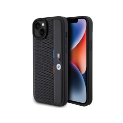 BMW Coque rigide noire Tricolore perforée pour iPhone 14 Plus/15 Plus 6.7
