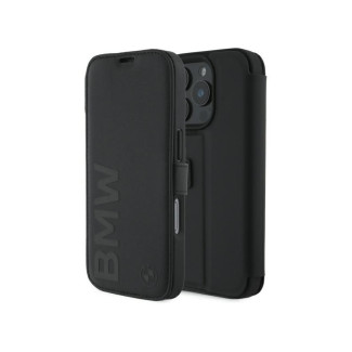 BMW Coque noire en cuir Wordmark pour iPhone 16 Pro 6.3