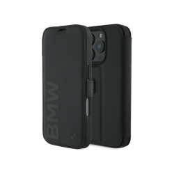 BMW Coque noire en cuir Wordmark pour iPhone 16 Pro 6.3