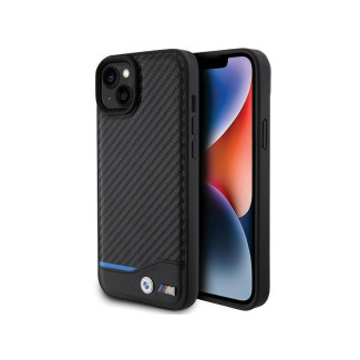 BMW Coque en cuir noire avec carbone pour iPhone 14 Plus/15 Plus 6.7