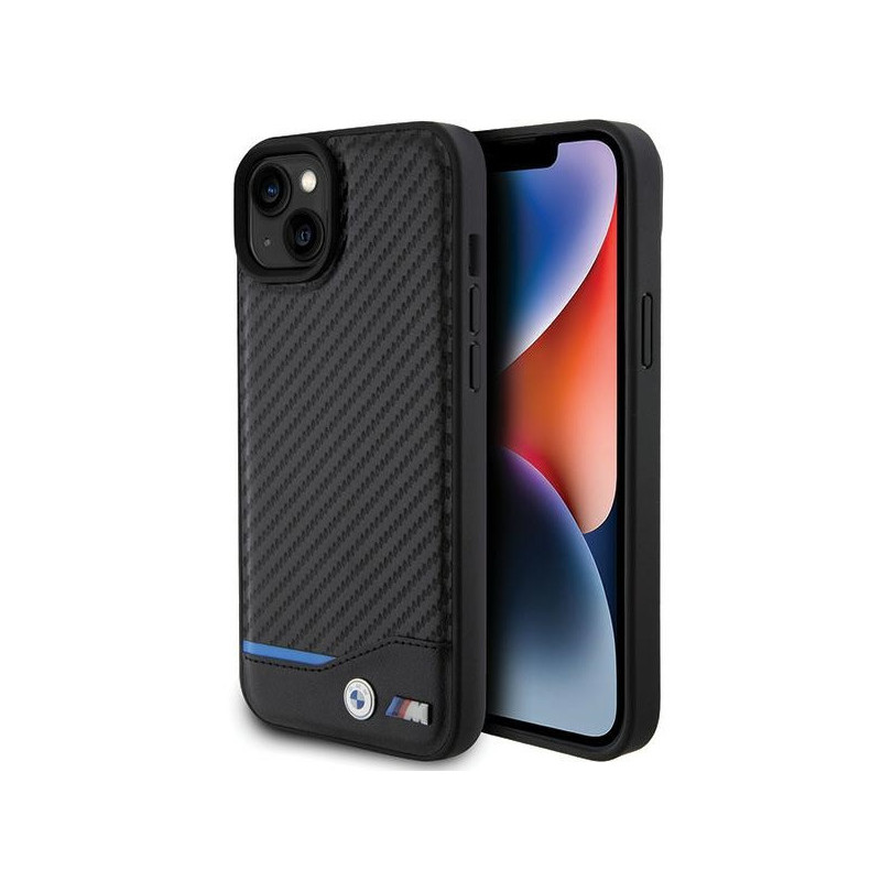 BMW Coque en cuir noire avec carbone pour iPhone 14 Plus/15 Plus 6.7 BMW Coque en cuir noire avec carbone pour iPhone 14 Plus/15 Plus 6.7