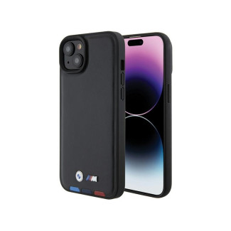 BMW Coque en cuir noire Tricolore pour iPhone 14 Plus/15 Plus 6.7