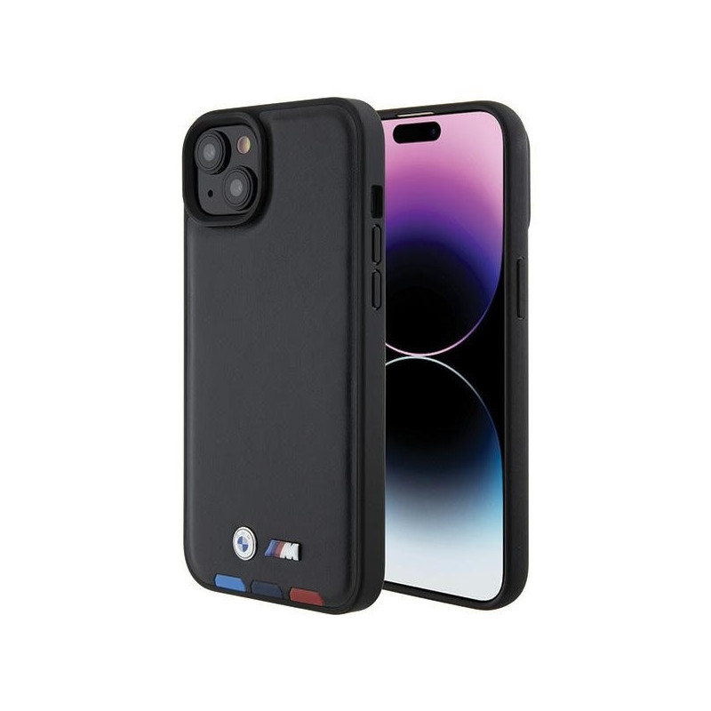 BMW Coque en cuir noire Tricolore pour iPhone 14 Plus/15 Plus 6.7 BMW Coque en cuir noire Tricolore pour iPhone 14 Plus/15 Plus 6.7