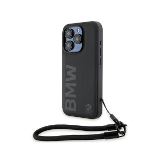 BMW Coque noire rigide Signature en cuir + cordon pour iPhone 15 Pro 6.1