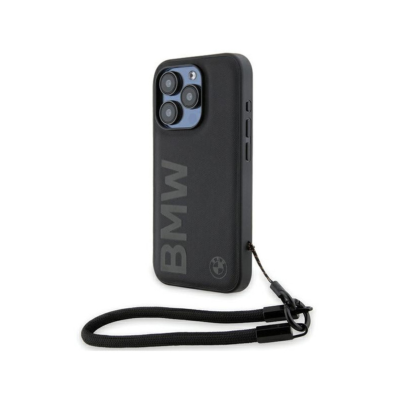 BMW Coque noire rigide Signature en cuir + cordon pour iPhone 15 Pro 6.1