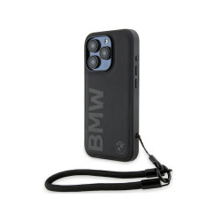 BMW Coque noire rigide Signature en cuir + cordon pour iPhone 15 Pro 6.1