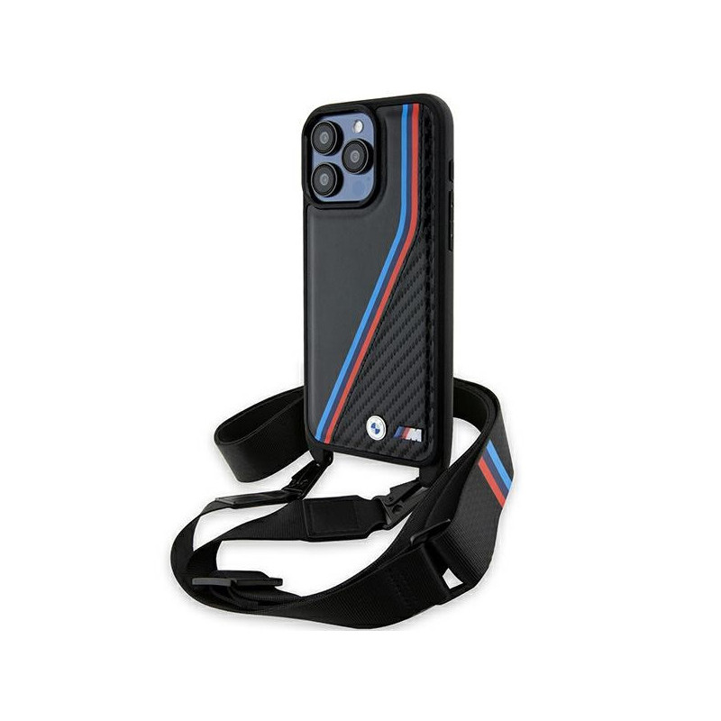 BMW Coque noire M Edition avec lignes tricolores pour iPhone 15 Pro 6.1
