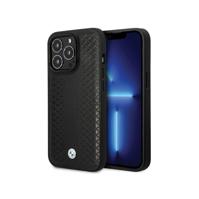 BMW Étui en cuir noir iPhone 14 Pro 6.1 Motif Diamant