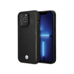 BMW Étui en cuir noir iPhone 14 Pro 6.1 Motif Diamant