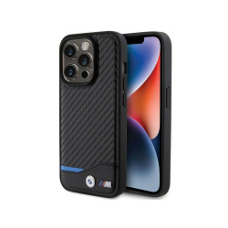 BMW Coque noire en cuir avec carbone pour iPhone 15 Pro 6.1