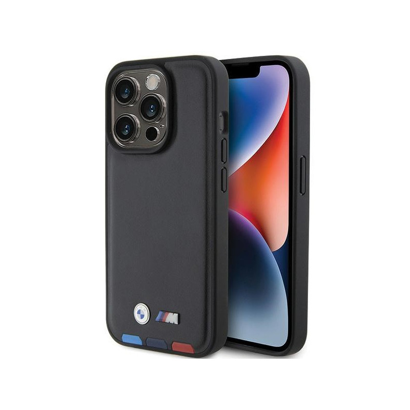 BMW iPhone 15 Pro 6.1 schwarz Leder Stamp Tricolor BMW iPhone 15 Pro 6.1 schwarz Leder Stamp Tricolor