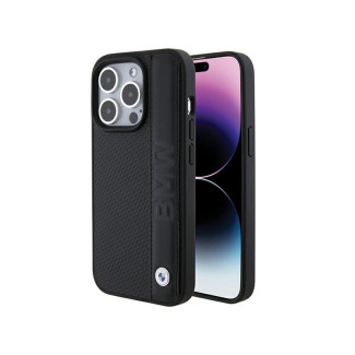 BMW Coque noire rigide en cuir texturé avec bandes pour iPhone 15 Pro 6.1