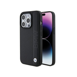 BMW Coque noire rigide en cuir texturé avec bandes pour iPhone 15 Pro 6.1