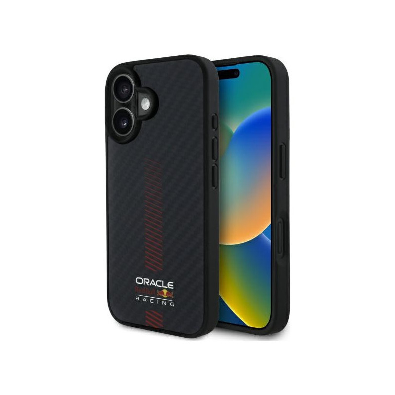 Taureau rouge iPhone 16 Plus 6.7 boîtier noir fibre de carbone Power Bar Taureau rouge iPhone 16 Plus 6.7 boîtier noir fibre de carbone Power Bar