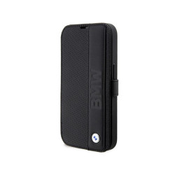 BMW Housse en cuir noire pour iPhone 14 Pro Max Texturé&Rayures