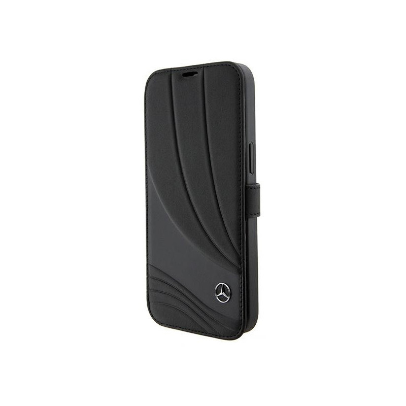 Mercedes iPhone 15 Pro Black Bookcase Leather Wave Pattern Mercedes iPhone 15 Pro Black Bookcase Leather Wave Pattern