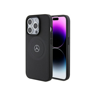 Mercedes iPhone 15 Pro Max Black Hardcase Crossed Lines Pattern Leather Mag