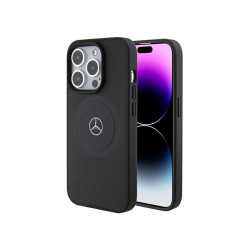 Mercedes iPhone 15 Pro Max Black Hardcase Crossed Lines Pattern Leather Mag