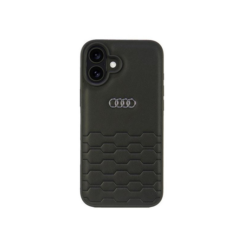 Audi Coque rigide en cuir synthétique noire pour iPhone 16 Plus Audi Coque rigide en cuir synthétique noire pour iPhone 16 Plus