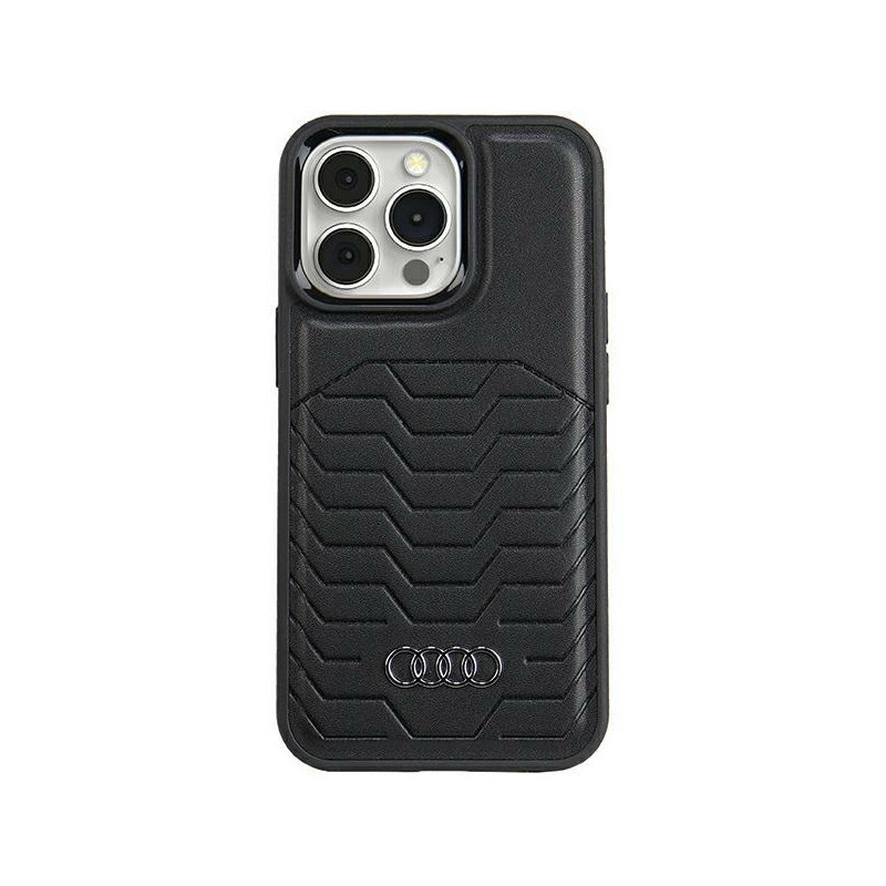 Audi Coque rigide en cuir synthétique noire MagSafe pour iPhone 15 Pro Audi Coque rigide en cuir synthétique noire MagSafe pour iPhone 15 Pro