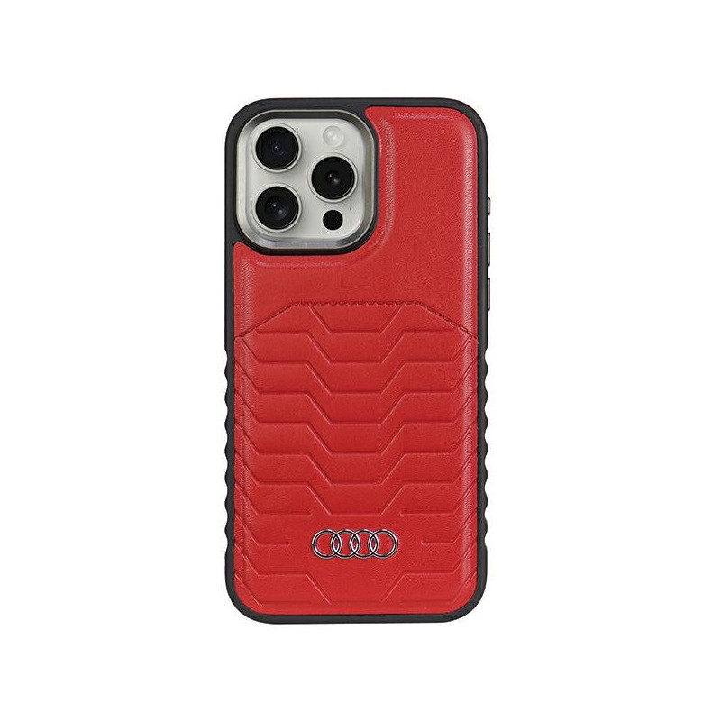 Audi Coque rigide en cuir synthétique rouge MagSafe pour iPhone 15 Pro Max Audi Coque rigide en cuir synthétique rouge MagSafe pour iPhone 15 Pro Max