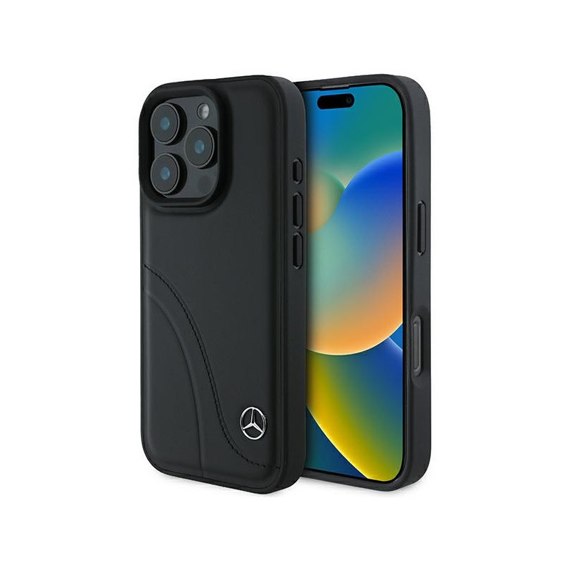 Mercedes iPhone 16 Pro black hardcase MB Curved Stitches Leather Mercedes iPhone 16 Pro black hardcase MB Curved Stitches Leather