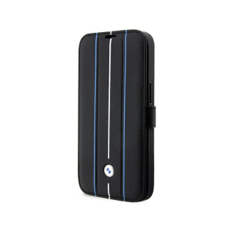 BMW Housse en cuir noire iPhone 14 Pro Max Motif Tampon Lignes Bleues