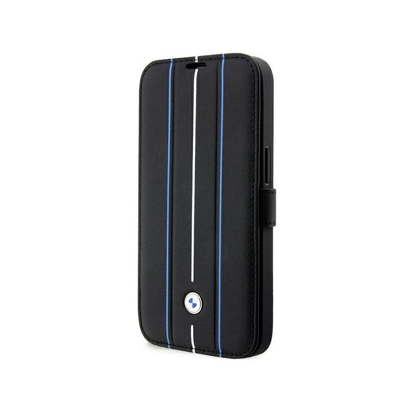 BMW Housse en cuir noire iPhone 14 Pro Max Motif Tampon Lignes Bleues