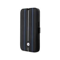 BMW Housse en cuir noire iPhone 14 Pro Max Motif Tampon Lignes Bleues