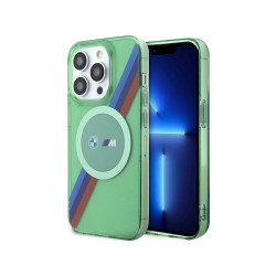 BMW Coque verte rigide M avec bandes tricolores MagSafe pour iPhone 15 Pro