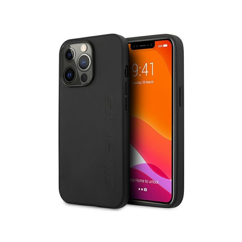 AMG Coque rigide noire pour iPhone 14 Pro en cuir design marqué à chaud