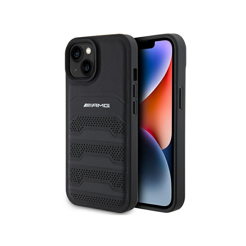 AMG Coque rigide noire pour iPhone 14 Plus/15 Plus cuir lignes en relief AMG Coque rigide noire pour iPhone 14 Plus/15 Plus cuir lignes en relief