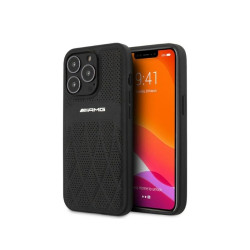 AMG Coque rigide noire pour iPhone 13 Pro Max en cuir avec lignes courbes