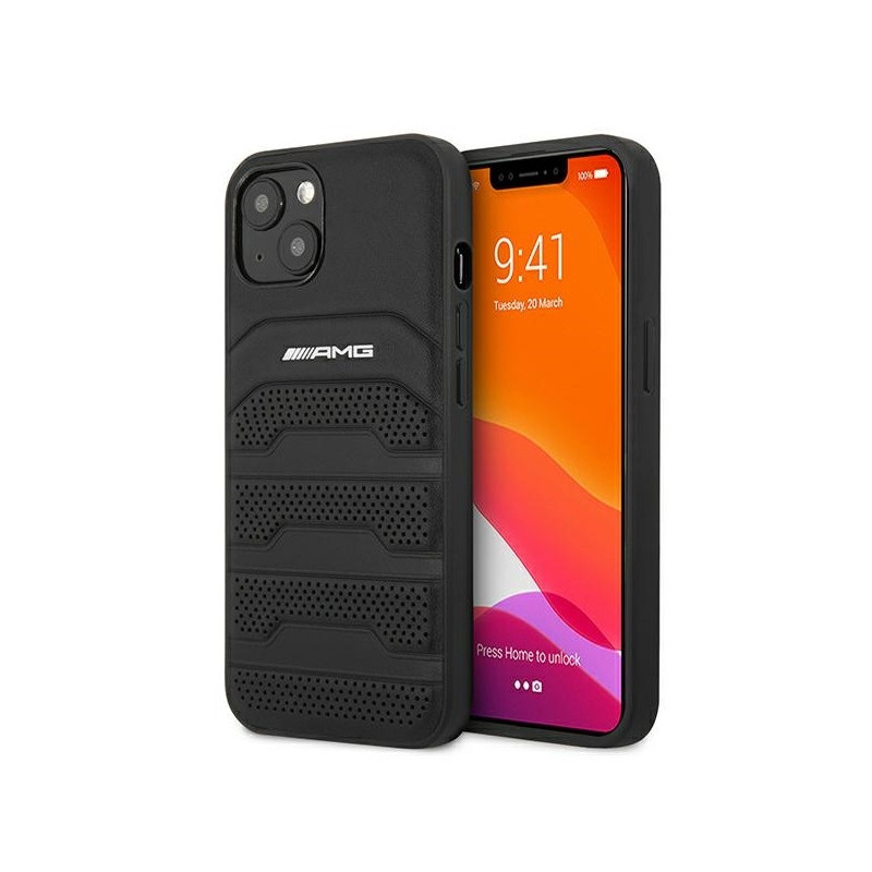 AMG Coque rigide noire pour iPhone 13 Mini en cuir avec lignes en relief AMG Coque rigide noire pour iPhone 13 Mini en cuir avec lignes en relief