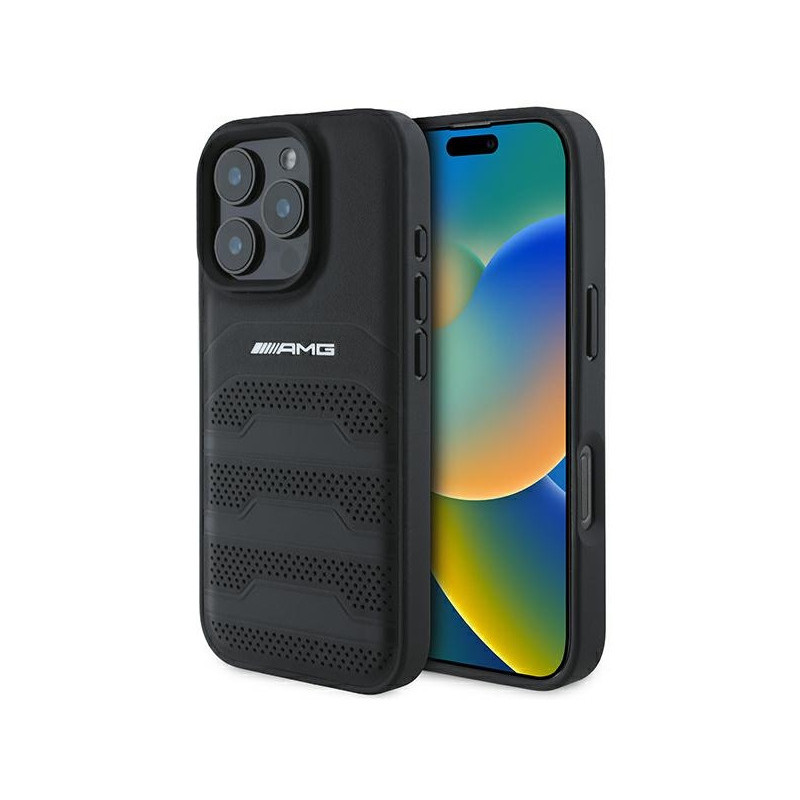 AMG Coque noire pour iPhone 16 Pro en cuir. lignes en relief. logo noir AMG Coque noire pour iPhone 16 Pro en cuir. lignes en relief. logo noir